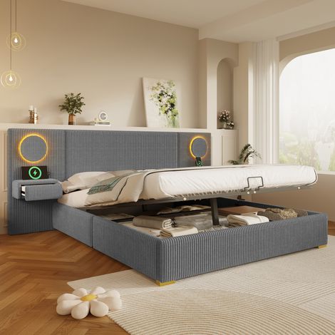 Lit coffre rembourré 180x200 cm avec tête de LED, lit capitonné avec ports USB et tiroirs de chevet, cadre de lit 2 places en velours, gris (1/5)