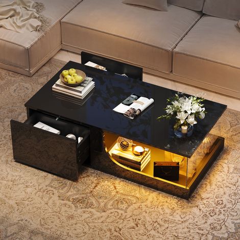 Tavolino da caffè LED nero con contenitore, 2 cassetti, finitura lucida, tavolino laterale per divano da soggiorno, MDF, 100×50×30cm