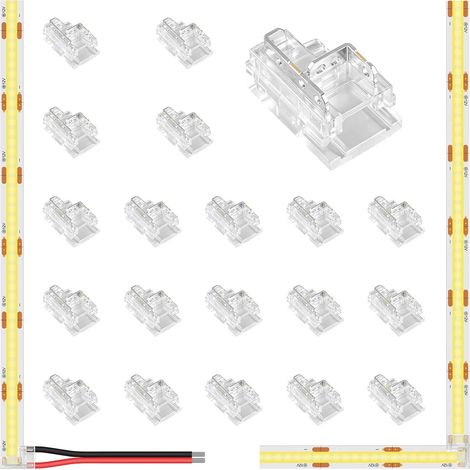 Lot de 20 connecteurs pour bande lumineuse en forme de L 2 broches 8mm Connecteur sans espace pour bande LED à 2 broches pour COB SMD Rubans LED de 8mm (1/5)