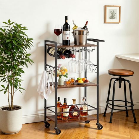 Desserte Bar Cuisine, Chariot de Service Polyvalent à 3 Niveaux 51x28x84 cm, pour Rangement Vins Ustensiles Boissons, Bar Roulant avec Plateau en Bois, Range-Bouteilles et Porte-Verres (1/5)