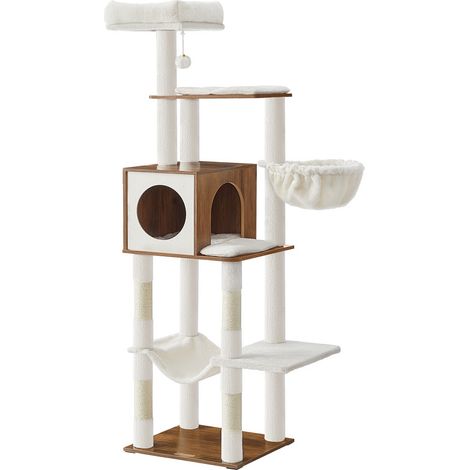 Feandrea – Arbre à chat 165 cm multi-niveaux – Grotte, hamac, plateforme de repos – Poteaux à griffer sisal – Couleur marron miel