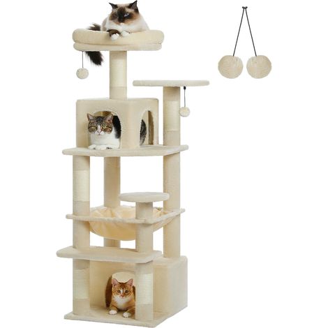PAWZ Road Grand Arbre à Chat Géant, Poteau Griffoir Sisal, Panier et Maison super Large pour Chats - 136cm Beige