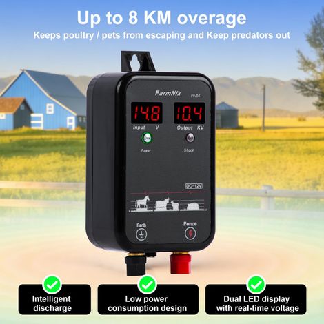 Électrificateur de Clôture Électrique 12V 1J Générateur d'Impulsions Haute Tension pour Animaux Chiens Chevaux Bovins Volailles Rayon de 8 KM Clôture Électrique Imperméable pour Ferme et Jardin