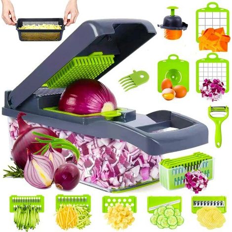Picadora manual multifuncional 16 en 1: cortadora de verduras con recipiente, mandolina, picadora y ralladora para cebolla, zanahoria y patata. No requiere electricidad. (1/5)