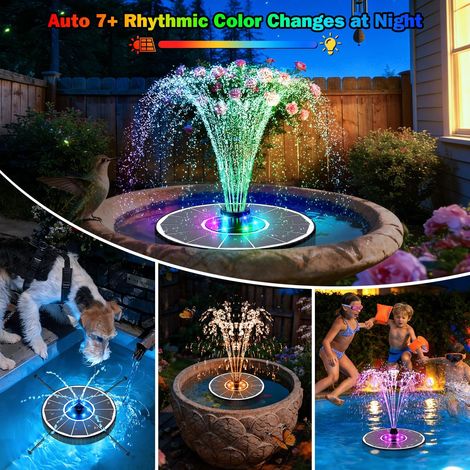 Fontaine Solaire LED Colorée, 3.5W Extérieur Flottante Pompe Bassin Solaire, 3 Modes de Réglage de Hauteur d’Eau 2000mAh Batterie Fontaine avec 7 Buses&Barres Rotatives pour Jardin (Blanc) (1/4)