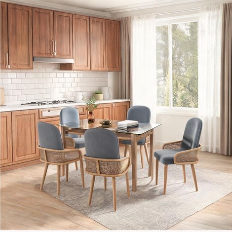 6 chaises de salle à manger grises en velours et cannage PE (1/5)