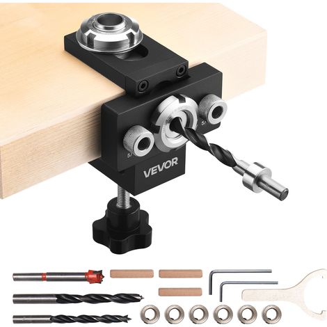 VEVOR Doweling Jig Kit, Self Centering Dowel Drill Jig for Straight Holes, Aluminum Alloy Woodworking Joints Tool with 3 Size Drill Bits 6.4 / 7.9 / 15 mm, Adjustable Width, for Wood Working (1/5)