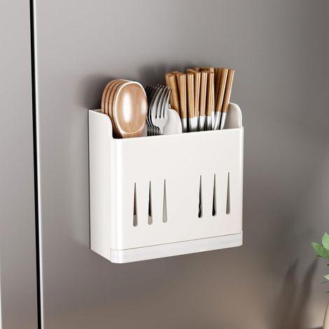 Organizador magnético para cubiertos: un pequeño escurridor de pared para frigorífico, apto para cubiertos de cocina, palillos y cucharones, de color blanco roto. (1/5)