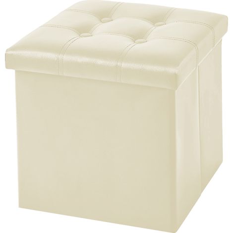 Pouf Contenitore In 2 Misure Medio 38x38 - Grande 50x50 Quadrato Portaoggetti In Ecopelle Poggiapiedi Salotto Sgabello Pouff Camera Design Con Coperchio Crema - 38x38x38