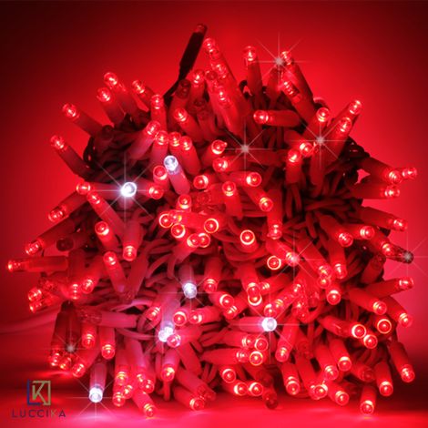 LUCCIKA stringa catena 5 metri serie 50 luci di Natale a Maxi Led Rosso con Flash Bianco Ghiaccio per uso esterno ed interno professionale senza alimentatore