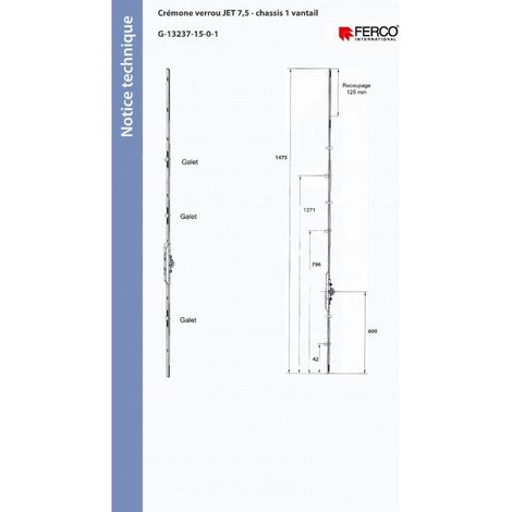 Ferco – Crémone verrou jet à larder 1100 mm – Fouillot 7,5 mm pour châssis 1 vantail – Cote D 400 mm – Sécurité renforcée (1/2)