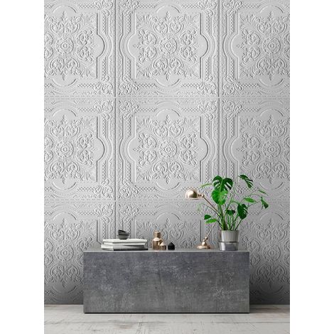 Papier peint panoramique blanc moulure 3D | Tapisserie panoramique blanche élégante avec moulures | Papier peint panoramique salon & escalier - 270 x 400 cm (4 pièces) (1/5)