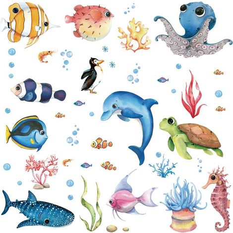 Adhesivo de pared con forma de peces marinos, decoración de pared para sala de estar o dormitorio. (1/5)