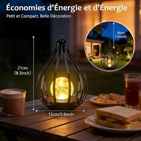Lanterne solaire extérieure avec sphère craquelée, lampe solaire extérieure étanche IP65 pour décoration de jardin, installation suspendue ou au sol, terrasse, balcon, (1/4)