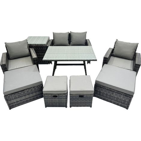 Fimous 8 Seater Wicker PE Rattan Furniture Outdoor Dining Table Double Seat Sofa Side Table 4 Stools Set Dark Grey Mixed (1/4)