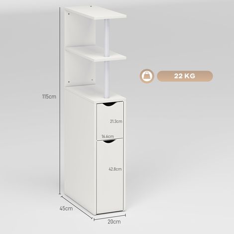 Étagère de rangement en forme de colonne, gain de place, pour la salle de bain (avec 2 tiroirs et une étagère ouverte), dimensions : 20 x 45 x 115 cm, blanche (1/5)