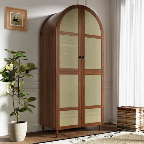 Armadio con asta appendiabiti, ripiani e cassetto, ante curve in rattan, 80x50x179 cm, MDF color noce (1/5)