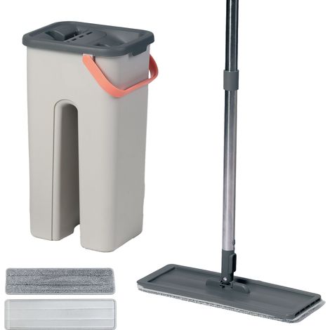 Relaxdays set fregona plana, cubo 3L con escurridor y raspador, 2 cámaras, 35x19,5x16,5cm, 2 paños de microfibra, gris (1/5)