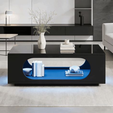 Table basse LED 100x50x35 cm blanc brillante, app MDF design ajouré grand rangement gestion câbles charge 30 kg salon moderne chic (1/5)