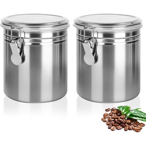 Lot de 2 boîtes à café hermétiques avec couvercle, 850 ml Récipient à café en acier inoxydable pour moulure, haricots, thé, farine, céréales et sucre (argent) (1/5)