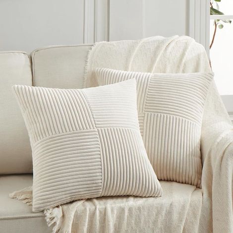 Housses de coussin décoratives carrées en velours côtelé doux de style bohème pour salon, canapé, lit, sofa, décoration d'intérieur rustique, 45 x 45 cm, Beige - Lot de 2 (1/5)