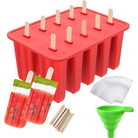 1 Moule à glace, 10 cavités, silicone alimentaire, avec 50 bâtonnets, 50 sachets, entonnoir, pour cuisine maison (1/5)