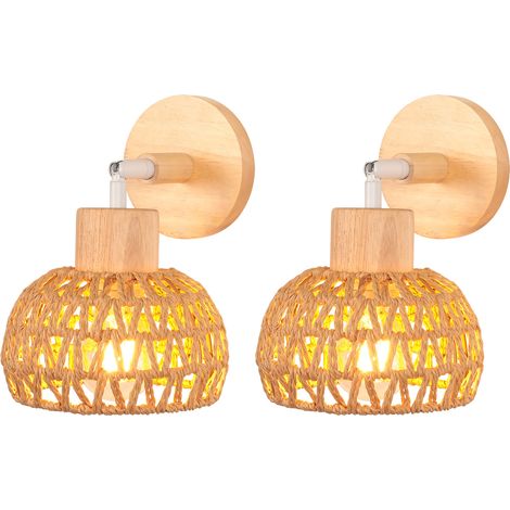NORCKS 2X Lámpara De Pared Interior 15CM, Lámpara De Pared Ajustable Madera Y Ratán Lámpara De Pared Retro Vintage E27 Para Sala De Estar Dormitorio (1/5)