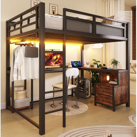 Letto a soppalco 140 x 200 cm con illuminazione LED, USB, scrivania e ripiani HAVRYA (1/5)