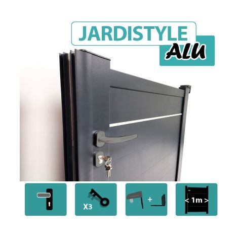Cloture & Jardin – Portillon aluminium gris anthracite plein avec liseré – Hauteur 1,40 m – Aluminium thermolaqué anti-corrosion – Quincaillerie inox incluse (1/4)