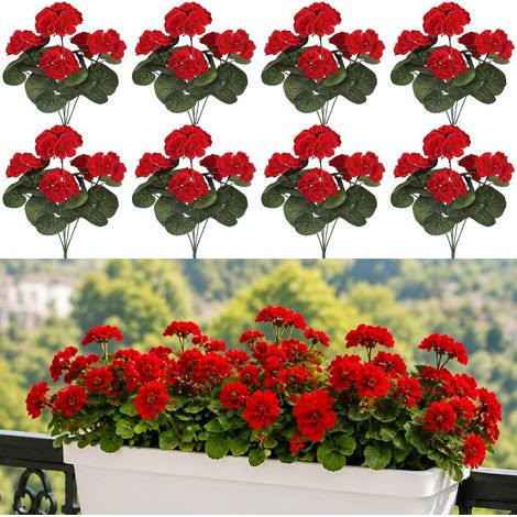 Lot de 8 Géranium Artificiel Extérieur Rouges, Fleurs Artificielles Extérieur Balcon, Résistant aux UV, Adaptées L'extérieur aux Intempéries, pour Décoration Jardinières Suspendues, Vérandas Fenêtres (1/5)