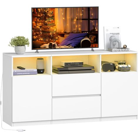 Meuble TV avec LED RGB et Télécommande (25 Couleurs) Sideboard, 147 cm Banc Télé pour Téléviseurs jusqu'à 65", 2 Espace de Rangement Ouvert, pour Salon, Chambre, Blanc (1/5)