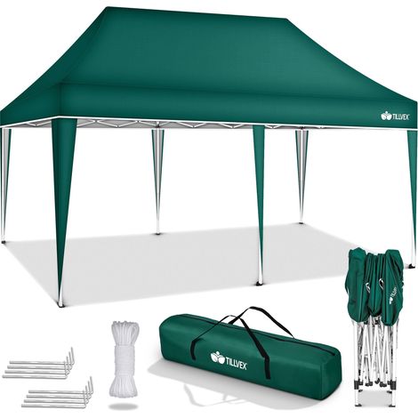 tillvex Pavillon 3x6m Grün wasserdicht Pop-Up Faltpavillon höhenverstellbar Gartenzelt UV Schutz 50+ Partyzelt mit Tasche für Garten