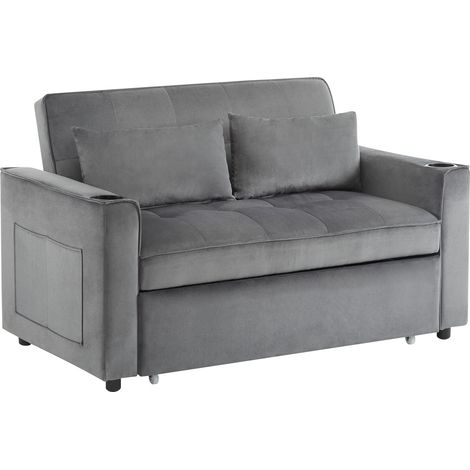 Convertible Sofa 2 Plätze aus Samt mit Einstellbare Rückenlehne, 2 Getränkehalter, Seitentasche und 2 Dicke Kissen, Grau (1/5)