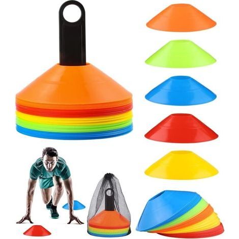 Lot de 50 cônes d'entraînement, cônes de marquage pour le football, cônes à disque avec support de rangement, sac en filet, cônes d'entraînement pour le football (5 couleurs) (1/5)