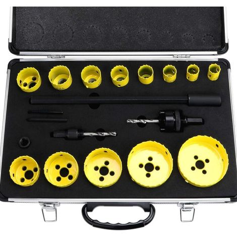 Set di 19 seghe a tazza bimetalliche, da 3/4" a 3", con punte rotonde, adattatore per punte e prolunga per legno e metallo (1/4)