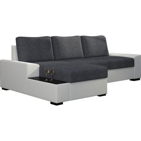 Canapé angle gauche convertible tissu gris foncé et simili blanc James 245cm (1/5)