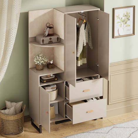 Vestiaire d'entrée 110x38x186 cm beige et gris en MDF avec penderie télescopique et rangements (1/5)