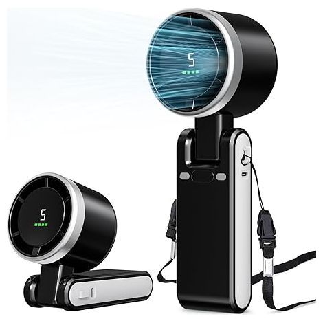 Turbina eolica portatile e ricaricabile con 5 livelli di velocità, display a LED, design pieghevole e compatto, ideale per ufficio, viaggi o uso esterno. (1/4)