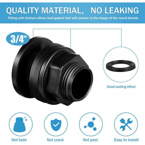 Raccord de Bac à Eau en PVC, Noir, Filetage Mâle 3/4 Pouce, 4 Pièces – Adaptateur Universel pour Réservoir Pluie, Cuve, Aquarium et Étang (1/4)
