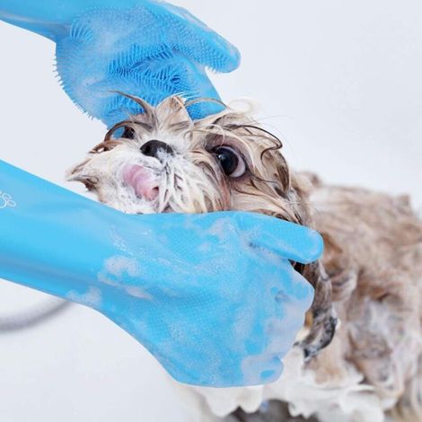Gants de toilettage pour animaux de compagnie, gants de bain en silicone pour chien avec design amélioré à cinq doigts, bain et massage pour chiens et chats (1/3)