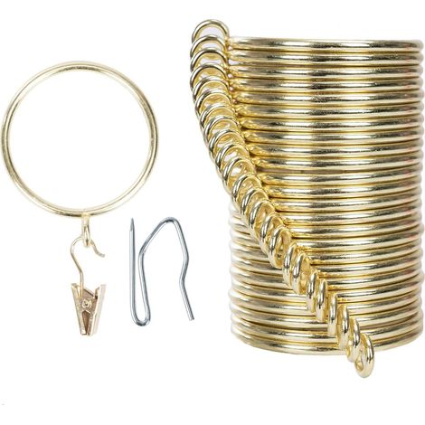 GJ-J-38 mm - Anneaux de rideaux et clips - Diamètre intérieur : 38 mm - Ensemble complet avec anneaux de tringle à rideaux, crochets et clips - Doré (1/5)