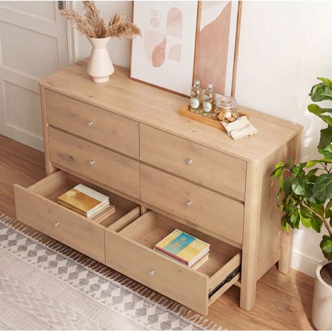 Commode 120x40x80 cm à 6 tiroirs, rangement pratique pour chambre, salon ou entrée, panneau de particules chêne (1/5)
