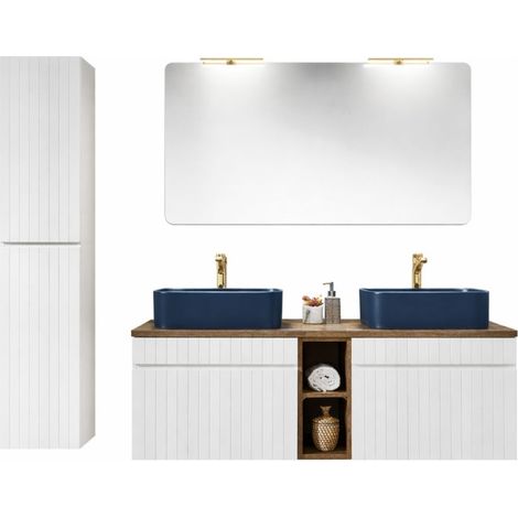 Ensemble ICON blanc : meubles sous vasque 140cm avec niches visibles bois + deux vasques à poser bleues + miroir + LEDs + colonn