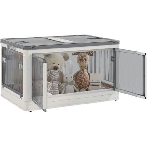 Boîte de rangement pliable et empilable 69L en plastique avec couvercle et 4 roulettes. accès à 5 côtés. blanc (1/5)