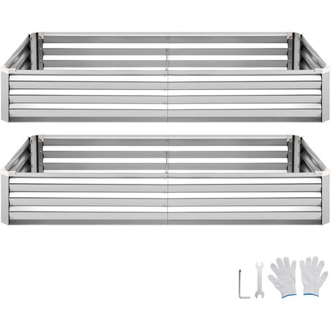 Mophorn Cama elevada de jardín rectangular de metal 180 x 90 x 30 cm, ideal para el cultivo de flores y plantas en terraza, patio o balcón. Incluye accesorios. Pack de 2 unidades en color plateado. (1/5)