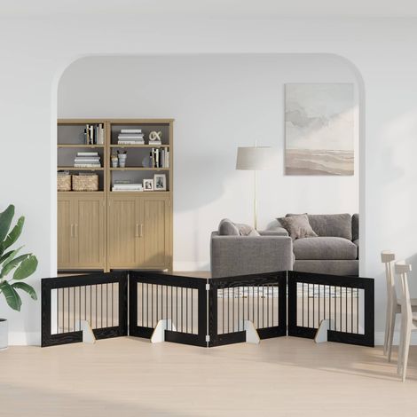 Cancello per cani pieghevole con supporti 4 pz Rovere Nero vidaXL