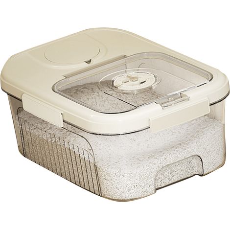 Boîte de rangement pour riz transparente à fermeture magnétique, idéale pour conserver les céréales et autres aliments secs. Petit modèle blanc crème.
