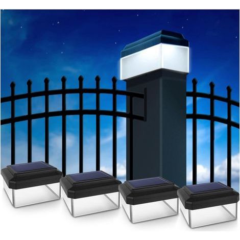 Lampe Solaire - 4000K Blanc Chaud - Capteur Crépusculaire - Rechargeable Solaire - Pour Poteaux De Clôture - Lot De 4 - 60x40 mm - Noir (1/5)