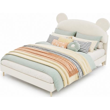Lit 140x200 avec tête de lit ourson en tissu beige et matelas à ressorts ensachés 23 cm, design bas sécurisé pour chambre d’enfant moderne - CHICFURN (1/5)