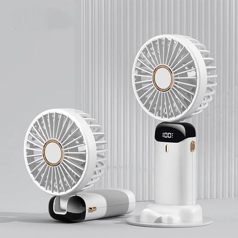 Ventilateur portable Aqqogib Mini, 5 vitesses réglables, batterie 3000 mAh rechargeable par USB, silencieux, blanc et marron.